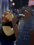  2011 anthro belly blush clothing duo equid equine eyewear felid glasses horse humanoid_hands kemono lion male mammal night outside overweight overweight_male pantherine shirt topwear train_(artist) 