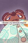  2020 aloha_shirt animal_crossing blue_eyes brown_body brown_fur canid canine clothed clothing english_text fur hi_res looking_at_viewer looking_down low-angle_view magferret_(artist) male mammal meme nintendo raccoon_dog snapchat solo tanuki text tom_nook_(animal_crossing) video_games worm&#039;s-eye_view 