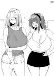  bangs bangs_pinned_back bare_shoulders black_skirt blush bra breasts cleavage collarbone cowboy_shot curvy folded_hair glasses greyscale hair_pulled_back hairband hand_on_hip highres holding_own_arm inne_sulistya_robin large_breasts long_hair miniskirt monochrome norman_maggot open_hand open_mouth original rina_atherina see-through short_shorts shorts skirt standing sweatdrop talking tank_top thighs underwear 