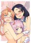  3girls black_hair blue_eyes bra breasts collar covering covering_breasts gloves hair_intakes hair_ribbon kagerou_(kantai_collection) kantai_collection kuroshio_(kantai_collection) looking_at_viewer multiple_girls nude orange_hair pink_hair ponytail ribbon shiranui_(kantai_collection) short_hair taketora_suzume textless twintails underwear white_gloves yellow_eyes 