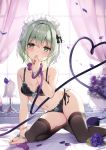  1girl aqua_ribbon arm_support bangs bare_arms bare_shoulders black_bra black_legwear black_panties blush bow bowtie bra breasts commentary_request curtains dress eyebrows_visible_through_hair flower frills green_eyes green_hair hair_between_eyes hand_up head_tilt heart heart_of_string indoors kneeling komeiji_koishi lamp looking_at_viewer maid_headdress medium_breasts miyase_mahiro navel panties petals purple_flower purple_rose ribbon rose rose_petals short_hair side-tie_panties solo stomach thighhighs thighs touhou underwear underwear_only window wrist_ribbon 