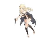  1girl bangs bare_shoulders barefoot black_legwear blonde_hair blush braid coat eyebrows_visible_through_hair french_braid full_body girls_frontline grey_eyes gun hair_ornament handgun holding holding_gun holding_weapon k5_(girls_frontline) long_hair looking_at_viewer lpip official_art open_clothes open_coat open_mouth pistol solo thighhighs toeless_legwear torn_clothes transparent_background weapon 
