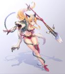  1girl absurdres anbe_yoshirou animal_ear_fluff animal_ears armor asymmetrical_footwear bangs belt bikini bikini_armor blonde_hair blue_eyes boots breasts chain claws cleavage commentary_request full_body fur_trim gloves gradient gradient_background halterneck highres holding holding_spear holding_weapon long_hair low-tied_long_hair medium_breasts navel polearm red_bikini red_footwear red_gloves riesz seiken_densetsu seiken_densetsu_3 shadow simple_background solo spear stomach swimsuit thigh_boots thighhighs thighs tied_hair weapon wolf_ears wolf_head wolf_pelt 