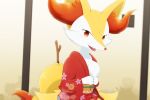  2020 3_fingers anthro braixen canid chest_tuft clothed clothing dipstick_tail fingers fur fur_tuft kemonobito looking_at_viewer mammal multicolored_body multicolored_fur multicolored_tail nintendo open_mouth open_smile pok&eacute;mon pok&eacute;mon_(species) red_clothing smile solo tuft video_games white_body white_fur yellow_ears yellow_tail 