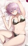  1girl absurdres arm_up armpits bangs bare_shoulders bikini black_bikini blush breasts cleavage collarbone commentary eyebrows_visible_through_hair fate/grand_order fate_(series) groin highres hyury large_breasts looking_at_viewer lying mash_kyrielight navel on_back pillow purple_eyes purple_hair short_hair side-tie_bikini sidelocks solo stomach swimsuit thighs 