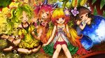  4girls ahoge bare_shoulders blonde_hair brown_hair dress duel_monster flower green_eyes green_hair hair_flower hair_ornament highres kazura_the_mesmerizing_maneater lithiumrider long_hair low_twintails multiple_girls navel open_mouth purple_eyes red_eyes red_hair traptrix_dionaea traptrix_mantis traptrix_sera twintails yuu-gi-ou 