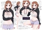  1girl arm_under_breasts bangs barefoot black_hoodie blush braid breasts brown_eyes brown_hair choker cleavage closed_mouth commentary_request eyebrows_visible_through_hair french_braid grey_shorts hair_over_one_eye hood hoodie kuro293939_(rasberry) large_breasts leg_up long_hair looking_at_viewer midriff mole mole_under_eye navel original revision short_shorts shorts shrug_(clothing) sideboob sidelocks sitting smile spaghetti_strap sports_bra squatting standing stomach swept_bangs tank_top translation_request white_tank_top 