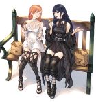  2girls bag bare_shoulders bench black_dress black_footwear black_hair black_legwear blue_eyes boots breasts commentary_request cookie dress eating final_fantasy final_fantasy_xiv food gaia_(ff14) gothic highres lips long_sleeves makimura_shunsuke medium_breasts multiple_girls open_mouth orange_hair paper_bag ryne sandals sitting smile thigh_boots thighhighs thighs white_dress zettai_ryouiki 