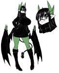  1girl :o black_footwear black_hair black_sweater blush boots breasts demon_tail demon_wings dress green_legwear highres huge_breasts juugoya_(zyugoya) knee_boots legs limited_palette merii_(musuko_ga_kawaikute_shikatanai_mazoku_no_hahaoya) musuko_ga_kawaikute_shikatanai_mazoku_no_hahaoya pantyhose pointy_ears sweater sweater_dress tail tongue tongue_out turtleneck turtleneck_sweater white_background wings 