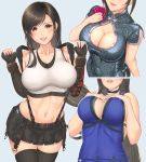  1girl arm_guards black_hair black_skirt breasts brown_eyes china_dress chinese_clothes cleavage cleavage_cutout covered_navel dress earrings elbow_gloves final_fantasy final_fantasy_vii final_fantasy_vii_remake fingerless_gloves gloves head_out_of_frame highres jewelry large_breasts long_hair looking_at_viewer low-tied_long_hair purple_dress shirt skirt smile sssemiii suspender_skirt suspenders tank_top taut_clothes taut_shirt thighhighs tifa_lockhart toned white_tank_top 