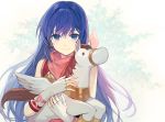  1girl blue_eyes blue_hair caeda_(fire_emblem) closed_mouth fingerless_gloves fire_emblem fire_emblem:_mystery_of_the_emblem fire_emblem_heroes gloves hakou_(barasensou) holding long_hair smile solo stuffed_animal stuffed_toy upper_body white_gloves younger 