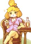  2020 alcohol animal_crossing anthro beverage blonde_hair blush bottle bottomwear canid canine canis chair clothing crossed_legs cup domestic_dog female fur furniture hair holding_cup holding_object isabelle_(animal_crossing) mammal nintendo setouchi_kurage sitting skirt smile solo table video_games whiskey yellow_body yellow_fur 