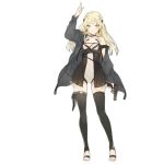  1girl bangs barefoot black_legwear blonde_hair braid breasts cleavage closed_mouth coat collarbone french_braid full_body girls_frontline grey_eyes gun hair_ornament hand_up handgun holding holding_gun holding_weapon index_finger_raised k5_(girls_frontline) long_hair looking_at_viewer lpip medium_breasts official_art open_clothes open_coat pistol smile solo thighhighs toeless_legwear transparent_background weapon 