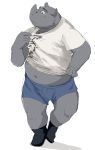  2011 anthro belly bodily_fluids bottomwear clothing humanoid_hands kemono male mammal navel overweight overweight_male rhinocerotoid shirt shorts simple_background solo sweat topwear train_(artist) white_background 