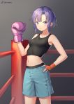  1girl absurdres armpit_peek bangs black_background black_tank_top blue_shorts blush boxing_gloves boxing_ring breasts chinese_commentary collarbone cowboy_shot fingerless_gloves gloves hand_on_hip highres konishi_(565112307) looking_at_viewer medium_breasts midriff mismatched_gloves navel open_mouth original parted_bangs purple_eyes purple_hair red_gloves short_hair shorts simple_background sleeveless solo standing tank_top taut_clothes tomboy toned tsurime weibo_username 