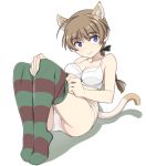  1girl ahoge animal_ears black_ribbon blonde_hair blue_eyes bra braid breasts cat_ears cat_tail cleavage dressing large_breasts legs_together looking_at_viewer lynette_bishop nanashino panties reclining ribbon shadow single_braid smile solo strike_witches striped striped_legwear tail thighhighs underwear white_bra white_panties world_witches_series 