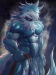  5_fingers anthro belt biceps big_penis blue_body blue_eyes blue_fur brand_new_animal canid canine canis claws collar fingers fur genitals holding_object huge_penis hyper hyper_genitalia hyper_penis looking_at_viewer male mammal muscular muscular_male nipples nude pecs penis shirou_ogami solo studio_trigger vein white_body white_fur wolf zex 