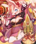  2020 black_clothing blue_eyes breasts cleavage clothed clothing flyer_(pixiv) fur hair hair_over_eye hi_res lagomorph looking_at_viewer mammal murid one_eye_obstructed open_mouth pink_tongue purple_clothing rodent size_difference star_pupils tongue 