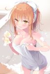  1girl bathing breasts cleavage collarbone hair_ribbon highres holding long_hair medium_breasts minato_shachiko naked_towel open_mouth orange_eyes orange_hair ribbon sachiiro_hanamizuki sasahara_wakaba soap_bubbles solo standing towel wet white_ribbon 