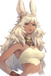  1girl animal_ears bangs bare_shoulders blue_eyes bracelet breasts bunny_ears commentary_request dark_skin earrings face final_fantasy final_fantasy_xiv halterneck hand_on_hip highres jewelry lips long_hair looking_at_viewer makimura_shunsuke medium_breasts midriff mole mole_under_eye parted_lips shiny shiny_hair shiny_skin simple_background sleeveless solo upper_body viera white_background white_hair 