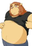  2011 anthro belly blush bottomwear clothed clothing eyewear felid glasses humanoid_hands kemono lion male mammal open_shirt overweight overweight_male pantherine pants shirt simple_background solo topwear train_(artist) white_background 
