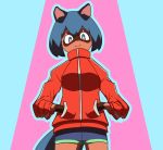  absurd_res anthro black_hair blue_body blue_eyes blue_hair bottomwear brand_new_animal brown_body brown_fur canid canine clothed clothing female fluffy fluffy_tail fur hair hands_in_pockets hi_res jacket looking_at_viewer mammal michiru_kagemori multicolored_eyes multicolored_hair pink_eyes pockets raccoon_dog short_hair shorts smile solo studio_trigger tanuki topwear 