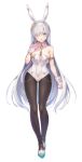  1girl alternate_costume anastasia_(fate/grand_order) animal_ears armlet black_legwear blue_eyes bunny_ears bunnysuit commentary_request detached_collar diadem fake_animal_ears fate/grand_order fate_(series) full_body fur_collar hair_over_one_eye highres jewelry long_hair looking_at_viewer silver_hair simple_background solo standing very_long_hair vivi_(eve_no_hakoniwa) white_background wrist_cuffs 