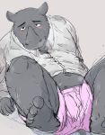  2011 anthro belly blush bulge clothing grey_body humanoid_hands kemono male mammal rhinocerotoid shirt simple_background slightly_chubby solo topwear train_(artist) underwear 