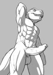  2020 absurd_res anthro balls dinosaur erection foreskin front_view genitals grey_background greyscale hand_behind_head hi_res humanoid_genitalia humanoid_penis lizardlars long_foreskin male monochrome muscular muscular_male navel penis reptile scalie sharp_teeth simple_background solo standing teeth theropod tyrannosaurid tyrannosaurus tyrannosaurus_rex uncut vein veiny_penis 