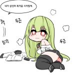  1girl a-87_banshee black_skirt blush boots chibi elflorri full_body goggles goggles_around_neck hair_between_eyes jacket korean_text last_origin light_green_hair long_hair looking_at_viewer looking_back red_eyes skirt solo sweat thigh_boots thighhighs 