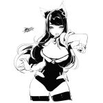  1girl ahri animal_ears breasts ejami facial_mark fox_ears greyscale league_of_legends long_hair looking_at_viewer monochrome open_mouth simple_background solo thighhighs white_background 