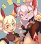  2019 anthro armwear bell bell_collar black_armwear black_clothing black_pupils blue_eyes clothed clothing collar duo fangs flyer_(pixiv) fur hair heterochromia hi_res inner_ear_fluff looking_at_viewer mammal open_mouth pawpads pink_pawpads red_eyes simple_background slit_pupils tongue tuft 