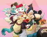  2018 5:4 agyou anthro asian_mythology belly canid canine canis cu_sith_(tas) cute_fangs domestic_dog dumdum duo east_asian_mythology eating eyewear foo_dog food glasses humanoid_hands japanese_mythology komainu male mammal mythology one_eye_closed overweight overweight_male scarf simple_background text tokyo_afterschool_summoners video_games wink yōkai 