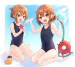  2girls :d black_swimsuit blush brown_eyes brown_hair collarbone enemy_lifebuoy_(kantai_collection) fang folded_ponytail hair_between_eyes hair_ornament hairclip holding holding_water_gun hose ikazuchi_(kantai_collection) inazuma_(kantai_collection) kantai_collection long_hair mitamgr multiple_girls one-piece_swimsuit open_mouth rubber_duck shinkaisei-kan short_hair sitting skin_fang smile swimsuit wariza water_gun 