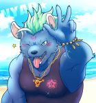  anthro beach black_clothing black_shirt black_topwear blue_body blue_fur blue_sky bracelet clothing cloud fur gesture green_eyes green_hair hair hyaenid iriai_inasa jewelry male mammal necklace nyarlathotep_(housamo) one_eye_closed open_mouth seaside shirt sky solo tank_top teeth tokyo_afterschool_summoners tongue tongue_out topwear video_games wink 