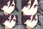  1boy absurdres blurry buttoniris checkered checkered_scarf closed_mouth commentary danganronpa dot_nose english_commentary eyes_visible_through_hair grey_background hair_between_eyes highres male_focus math math_lady meme multiple_views new_danganronpa_v3 ouma_kokichi parted_lips purple_eyes purple_hair scarf simple_background trigonometry 
