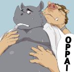  2011 anthro belly blush clothed clothing duo eyes_closed humanoid_hands kemono male male/male mammal open_shirt overweight overweight_male rhinocerotoid shirt simple_background suid suina sus_(pig) text topwear train_(artist) wild_boar 