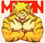  anthro biceps blonde_hair crossed_arms fangs felid fur hair hair_over_eye iriai_inasa looking_at_viewer magan male mammal muscular muscular_male nipples one_eye_obstructed pantherine pecs simple_background solo tiger tokyo_afterschool_summoners tongue tongue_out video_games yellow_body yellow_fur 