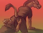  2020 anthro anthro_on_anthro balls_outline bottomwear clothed clothing dragon duo fully_clothed genital_outline giraffe giraffid gradient_background green_background hand_on_butt hi_res horn lizardlars male male/male mammal raised_tail rear_view red_background red_theme scalie shirt shorts simple_background spitey suggestive_look suggestive_pose t-shirt topwear 