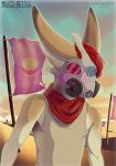  apocalypse bandanna canid canine clothing fennec flag fox gas_mask hair kilroy_(character) looking_at_viewer male mammal mask milo_nettle portrait post-apocalyptic punk red_hair shirt sky solo story story_in_description tank_top topwear 