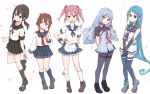  5girls anchor_symbol apron bangs black_gloves black_hair black_legwear black_sailor_collar black_skirt blue_eyes blue_hair blue_neckwear brown_eyes brown_hair elbow_gloves folded_ponytail frilled_skirt frills fubuki_(kantai_collection) full_body gloves gradient_hair hair_bobbles hair_ornament hair_ribbon highres inazuma_(kantai_collection) kantai_collection kneehighs loafers long_hair long_sleeves low_ponytail mikiki multicolored_hair multiple_girls murakumo_(kantai_collection) neckerchief necktie orange_eyes pantyhose pink_hair pleated_skirt ponytail puffy_short_sleeves puffy_sleeves red_eyes red_neckwear remodel_(kantai_collection) ribbon sailor_collar samidare_(kantai_collection) sazanami_(kantai_collection) school_uniform serafuku shirt shoes short_hair short_ponytail short_sleeves sidelocks silver_hair skirt sleeveless sleeveless_shirt standing swept_bangs thighband_pantyhose thighhighs tress_ribbon twintails very_long_hair waist_apron white_apron white_legwear wrist_cuffs 