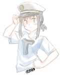  1girl admiral_(kantai_collection) alternate_costume artist_name blush brown_eyes brown_hair collarbone contrapposto ergot frown fubuki_(kantai_collection) hand_on_headwear hand_on_hip hat kantai_collection looking_at_viewer low_ponytail peaked_cap shirt short_ponytail simple_background sketch solo t-shirt white_background 