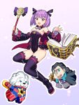  1girl 7dango7 animal_head bare_shoulders black_hair black_headwear blue_eyes breasts chibi detached_collar detached_sleeves doll fate/grand_order fate_(series) flat_chest helena_blavatsky_(fate/grand_order) leotard lion magical_girl nikola_tesla_(fate/grand_order) purple_eyes purple_hair riyo_(lyomsnpmp)_(style) small_breasts strapless thomas_edison_(fate/grand_order) 