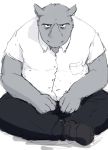  2010 anthro belly bottomwear clothing grey_body humanoid_hands kemono male mammal overweight overweight_male pants rhinocerotoid shirt simple_background sitting solo topwear train_(artist) white_background 