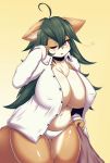  absurd_res ameli_(girls_frontline) anthro bedding big_breasts black_hair blanket blush bottomless breasts brown_body brown_eyes brown_fur brown_hair camel_toe canid canine canis chest_tuft cleavage clothed clothing digital_media_(artwork) eyebrow_through_hair eyebrows female fox fur girls_frontline hair hi_res huge_breasts looking_at_viewer mammal navel nipple_outline one_eye_closed open_shirt panties shirt simple_background solo standing tailzkim tired topwear translucent translucent_hair tuft underwear white_clothing white_topwear wolf yellow_background 