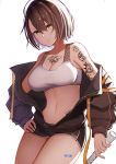 1girl absurdres ahoge arm_tattoo azur_lane baltimore_(azur_lane) baltimore_(black_ace)_(azur_lane) bandaid_on_leg bangs bare_shoulders black_jacket black_shorts blush braid breasts brown_hair chest_tattoo choker cleavage closed_mouth eyebrows_visible_through_hair flower_tattoo hair_between_eyes highres holding_racket jacket large_breasts looking_at_viewer micro_shorts navel off-shoulder_jacket pnatsu racket short_hair short_shorts shorts shoulder_tattoo simple_background smile solo sports_bra stomach_tattoo tattoo tennis_racket white_background white_sports_bra yellow_eyes 
