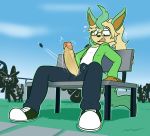  2020 absurd_res ambiguous_gender anthro anthrofied being_watched bench big_penis blue_sky blush bottomwear button_(fastener) chespin clothed clothing digital_media_(artwork) eeveelution embarrassed emolga erection eyewear felino footwear fully_clothed fur genitals glasses grass green_clothing green_hoodie green_topwear group hair hi_res hoodie humanoid_genitalia humanoid_penis humiliation jeans leafeon looking_at_another lopunny male nintendo onix pants penis pok&eacute;mon pok&eacute;mon_(species) pok&eacute;morph ponytail public public_humiliation shirt shoes signature silhouette sitting sky solo tan_body tan_fur tan_hair throbbing topwear treecko unwanted_erection video_games white_clothing white_shirt white_topwear zipper 