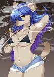  anthro bikini blue_hair bottomwear breasts brown_eyes cigarette clothing elza_(ishuzoku_reviewers) female gradient_hair hair hi_res hotpants hyaenid ishuzoku_reviewers lemoco mammal midriff navel open_pants pants purple_hair shorts smoking solo spotted_hyena swimwear 