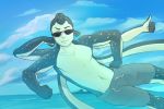  anthro cephalopod clothed clothing coleoid day decapodiform eyewear front_view gesture male marine mollusk multi_arm multi_limb nemurase outside pose rubel sea sky solo sunglasses swimming_trunks swimwear tentacles thumbs_up water 