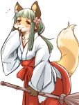  2020 accessory anthro asian_clothing broom canid canine clothed clothing east_asian_clothing female flower flower_in_hair fox green_hair hair hair_accessory hakama haori holding_object japanese_clothing kemono mammal plant setouchi_kurage simple_background solo white_background 